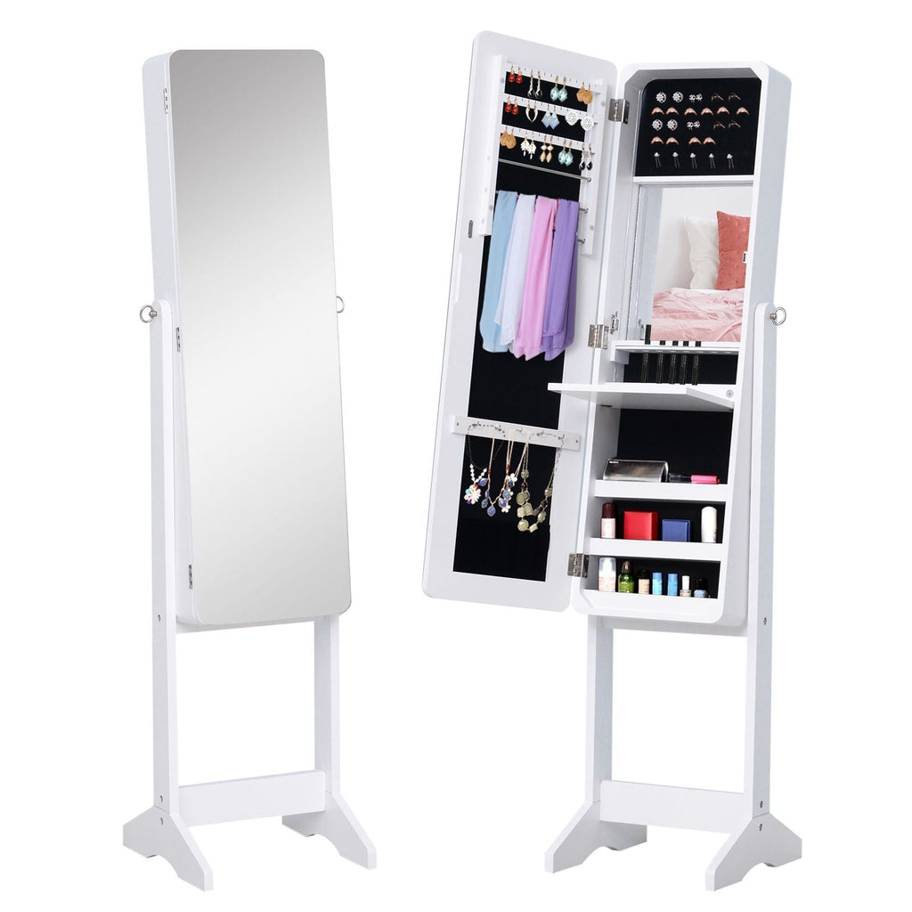 Mirrored Jewelry Armoire LED Lights Freestanding Organizer Adjustable Angle Lockable Cabinet White