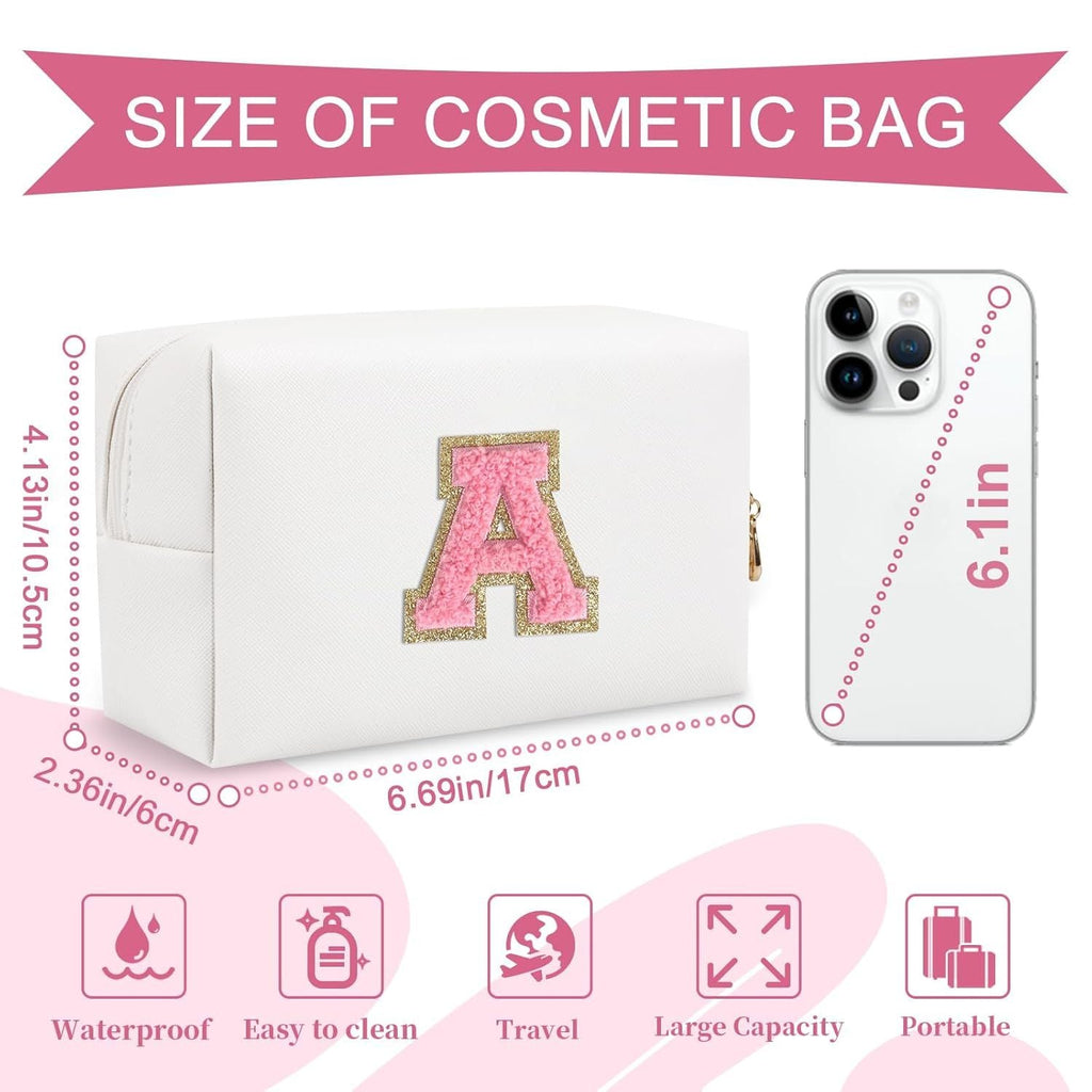 Personalized Makeup Bag Initial A-Z Preppy Patch Bag,Small PU Leather Travel Cosmetic Bag Pouch with Zipper,White Cute Toiletry Bag,Gift Ideal for Teen Girls Women Birthday Friend Mom,Letter A