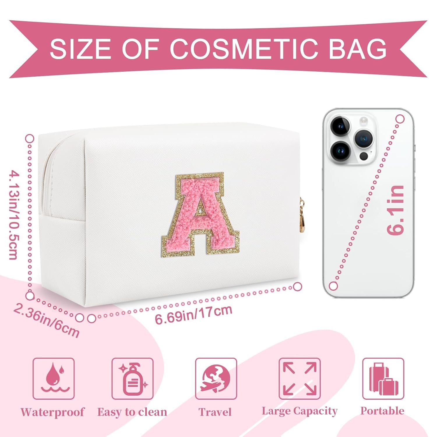 Personalized Makeup Bag Initial A-Z Preppy Patch Bag,Small PU Leather Travel Cosmetic Bag Pouch with Zipper,White Cute Toiletry Bag,Gift Ideal for Teen Girls Women Birthday Friend Mom,Letter A