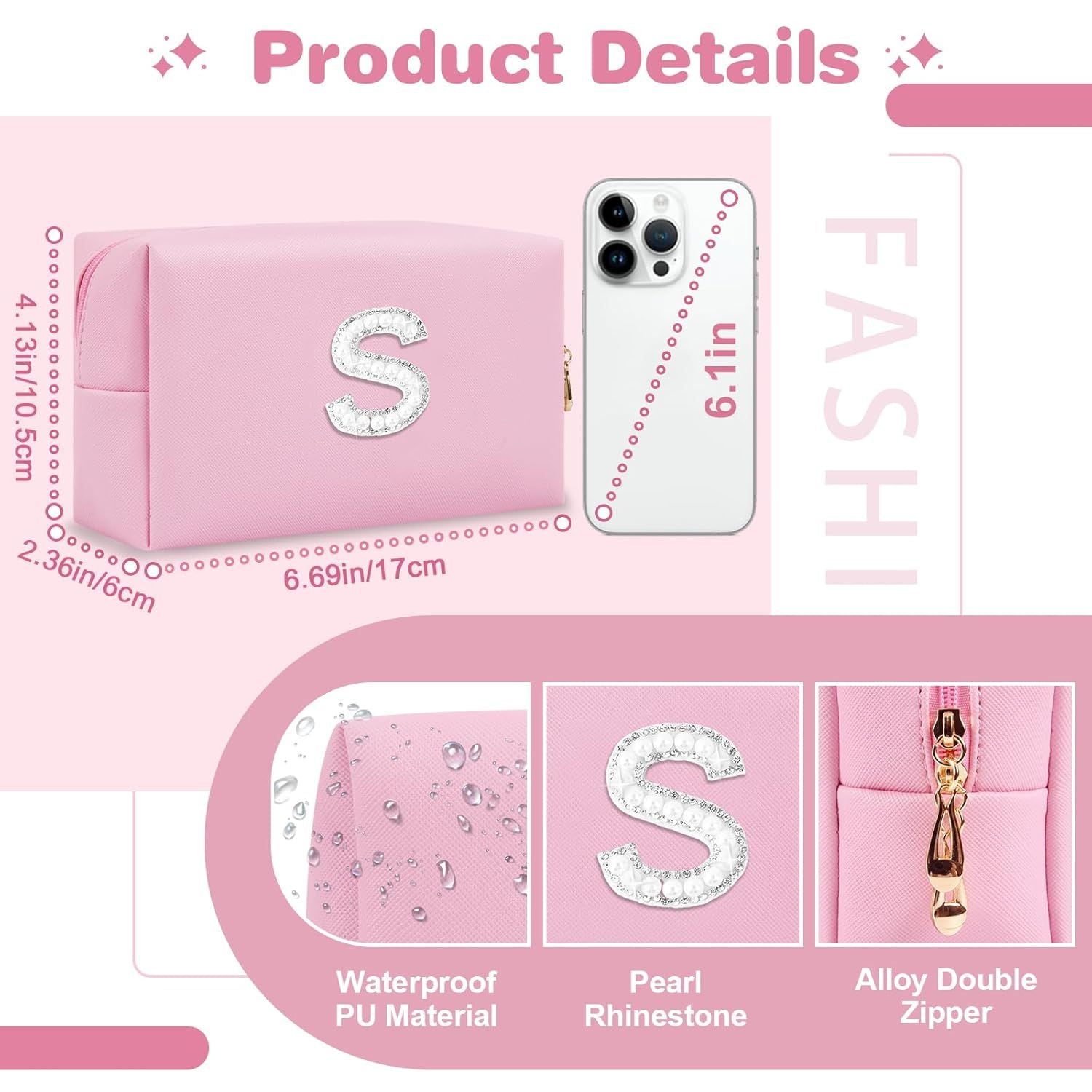 Bride Gifts – Personalized Initial Makeup Bag with Pearl Rhinestone Patch, Preppy Pink Monogram Cosmetic/Toiletry Pouch, bridesmaid Gifts, Bridal Shower Gifts, Wedding Gifts, Bridal Gifts,S