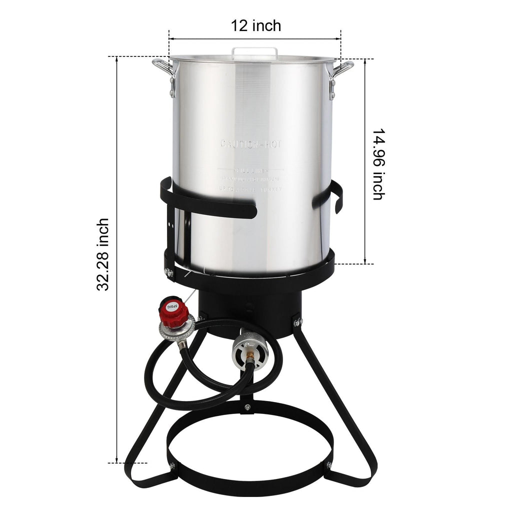 30QT Propane Turkey Fryer Set Silver Aluminum Pot with Black Round Iron Stand Outdoor Gas Deep Fryer Kit for Frying Turkey Seafood and Boiling Crawfish Backyard Cooking Equipment