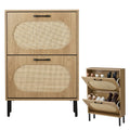 Rattan Shoe Cabinet with 2 Flip Doors, Narrow Freestanding Shoe Organizer, Modern Narrow Shoe Storage Cabinet with Metal Legs for Entryway, Hallway, Closet (Natural)