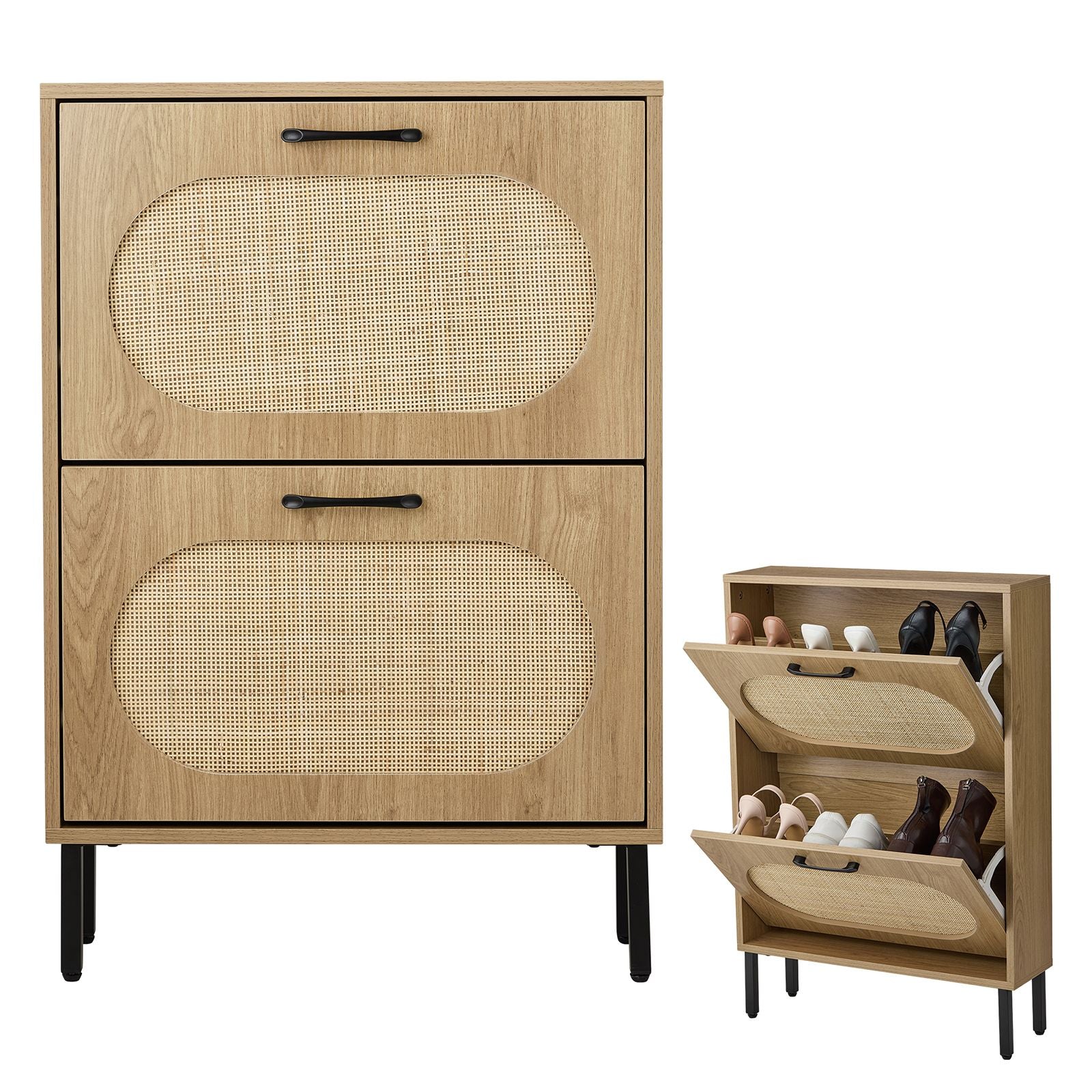 Rattan Shoe Cabinet with 2 Flip Doors, Narrow Freestanding Shoe Organizer, Modern Narrow Shoe Storage Cabinet with Metal Legs for Entryway, Hallway, Closet (Natural)