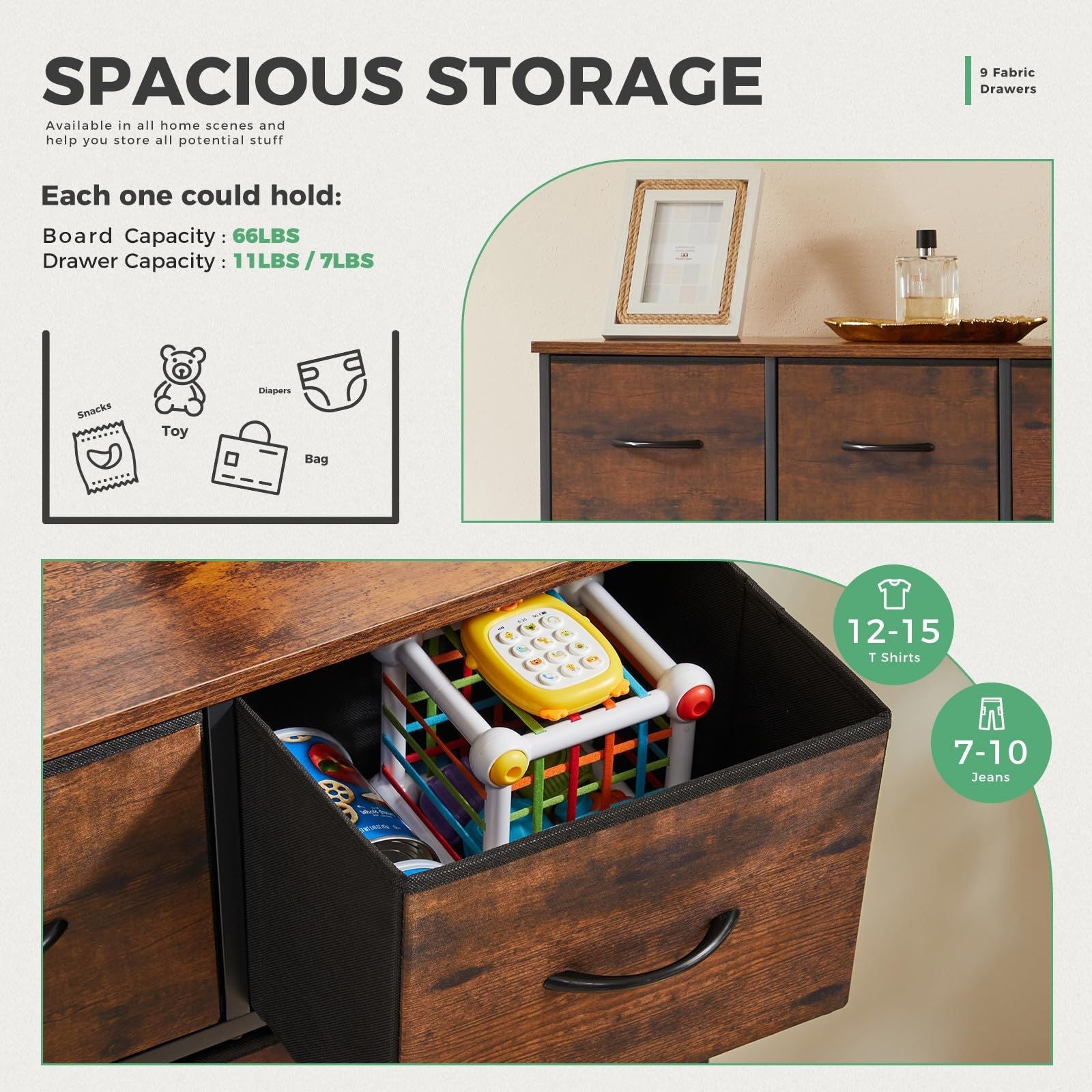 Dresser For Bedroom With 9 Fabric Storage Drawer Wardrobe Tall Chest Organizer Closet Adult Kids Clothes Cabinet Furniture
