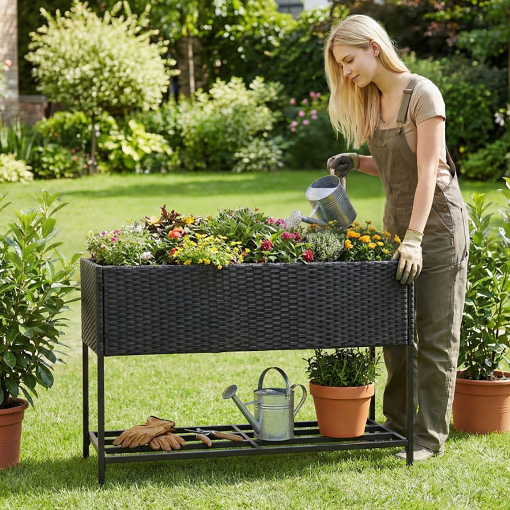 Raised Wicker Garden Bed with Storage Shelf and Removable Liner