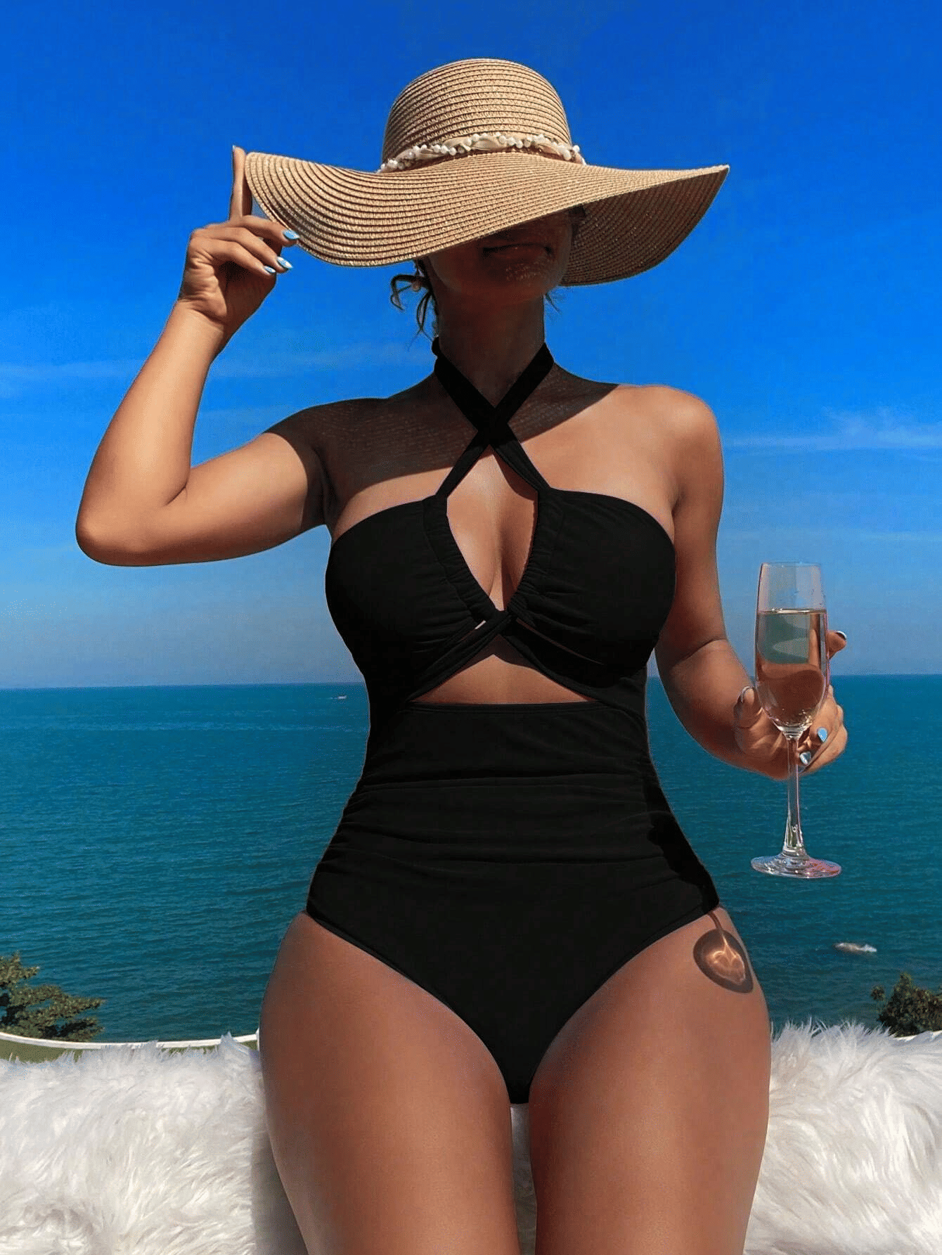 Ladies' cross pleated sexy hanging neck and exposed waist one-piece bikini swimsuit