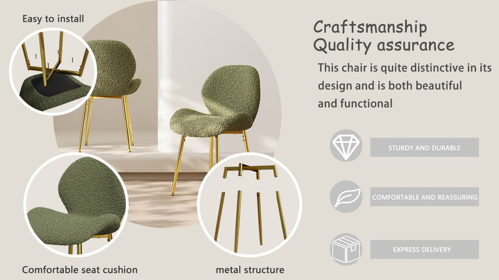 Modern minimalist white teddy velvet Dining Chairs Set of 2 with sturdy gold metal legs and comfortable backrest design, suitable for restaurants, kitchens, and offices.