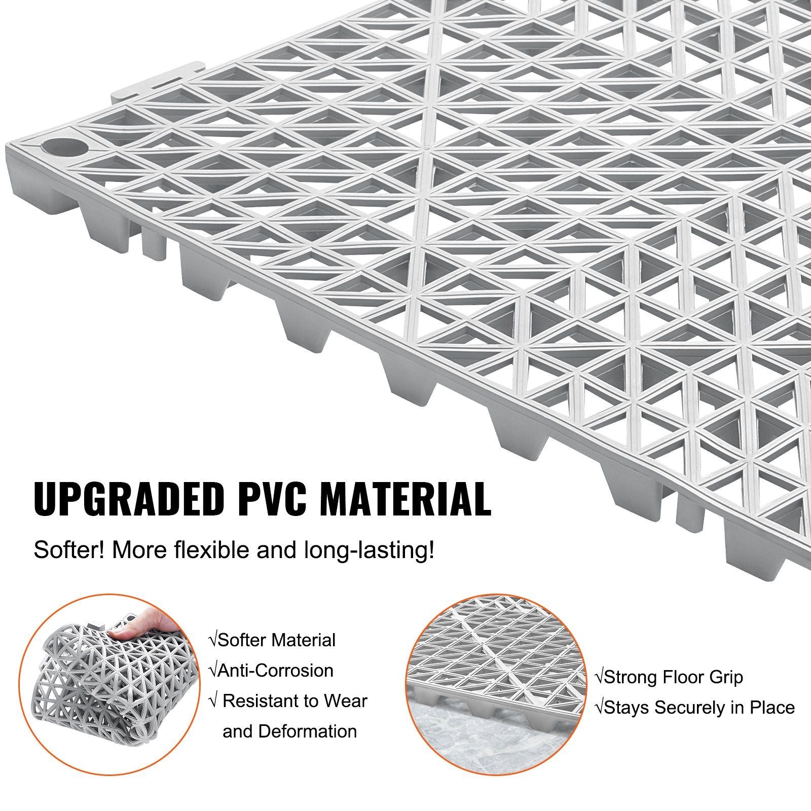 VEVOR Interlocking Tile 50PCS Gray, Drainage Tiles 12" x 12" Splicing, PVC Interlocking Drainage Floor Tiles, Non-Slip Drainage Holes for Restroom, Bathroom, Kitchen, Pool, Wet Areas