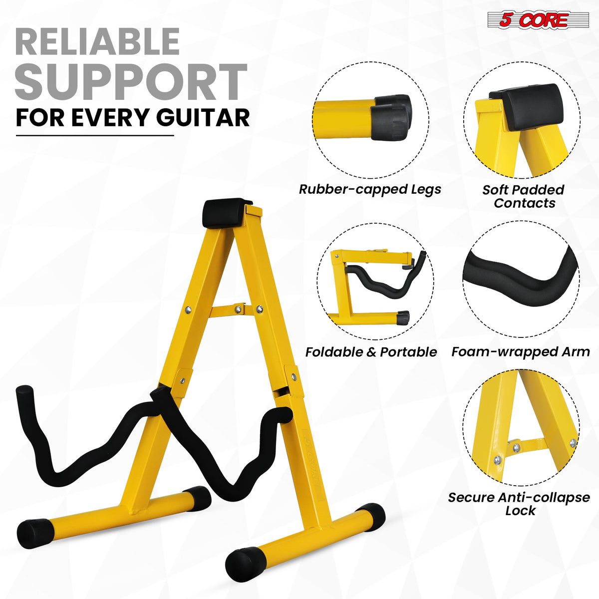 5 CORE Double Guitar Stand Floor 2Pcs Adjustable Heavy Duty A Frame Universal Folding Acoustic Electric Bass Mandolin Banjo Violin Holder Stands For On Stage Studio - GSS YLW 2PCS