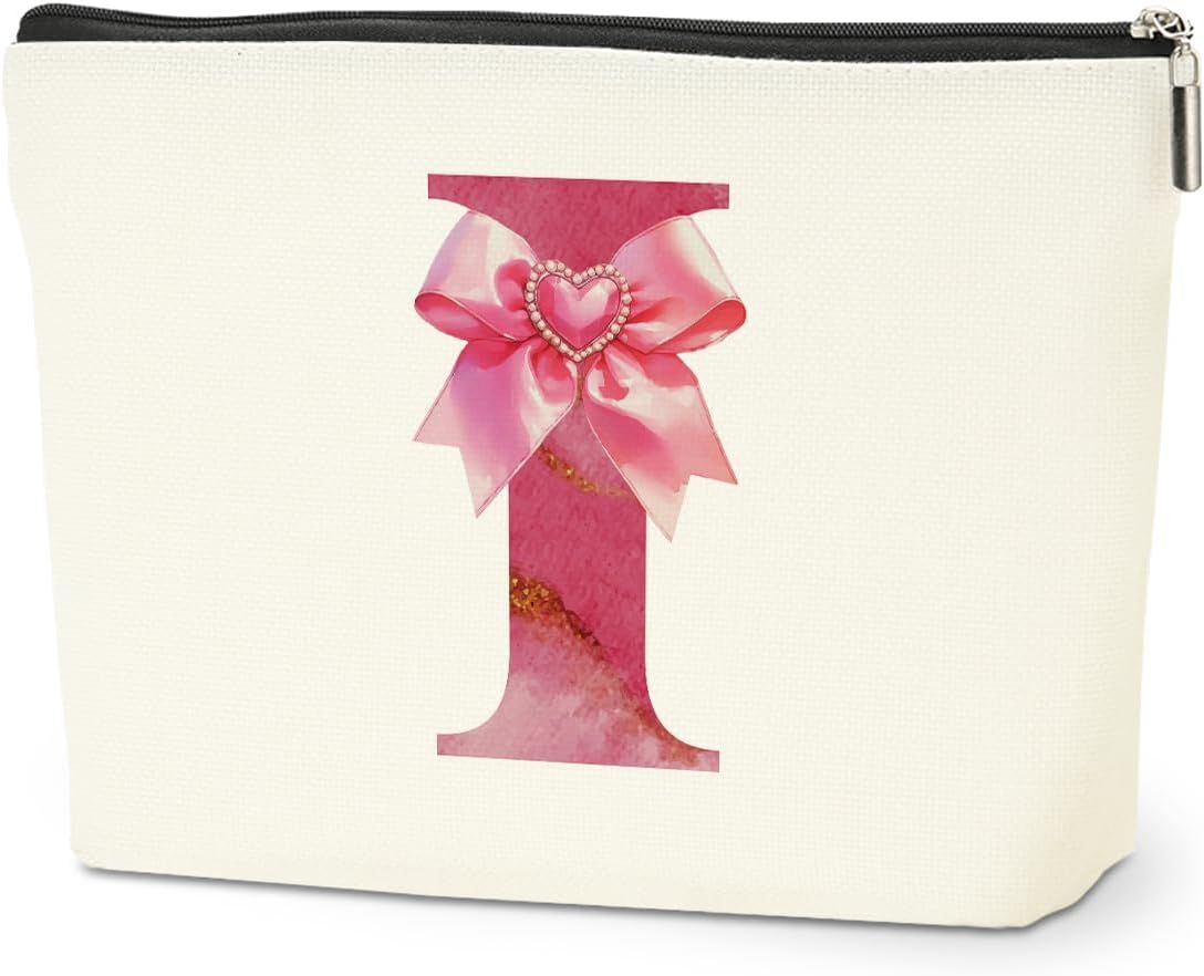 Personalized Initial Makeup Bag, Monogram Bow Travel Toiletry Make Up Bags Cute Preppy Cosmetic Bag Pouch Makeup Organizer Mothers Day Wedding Birthday Gifts for Women Nurse Sister Girls Pink I