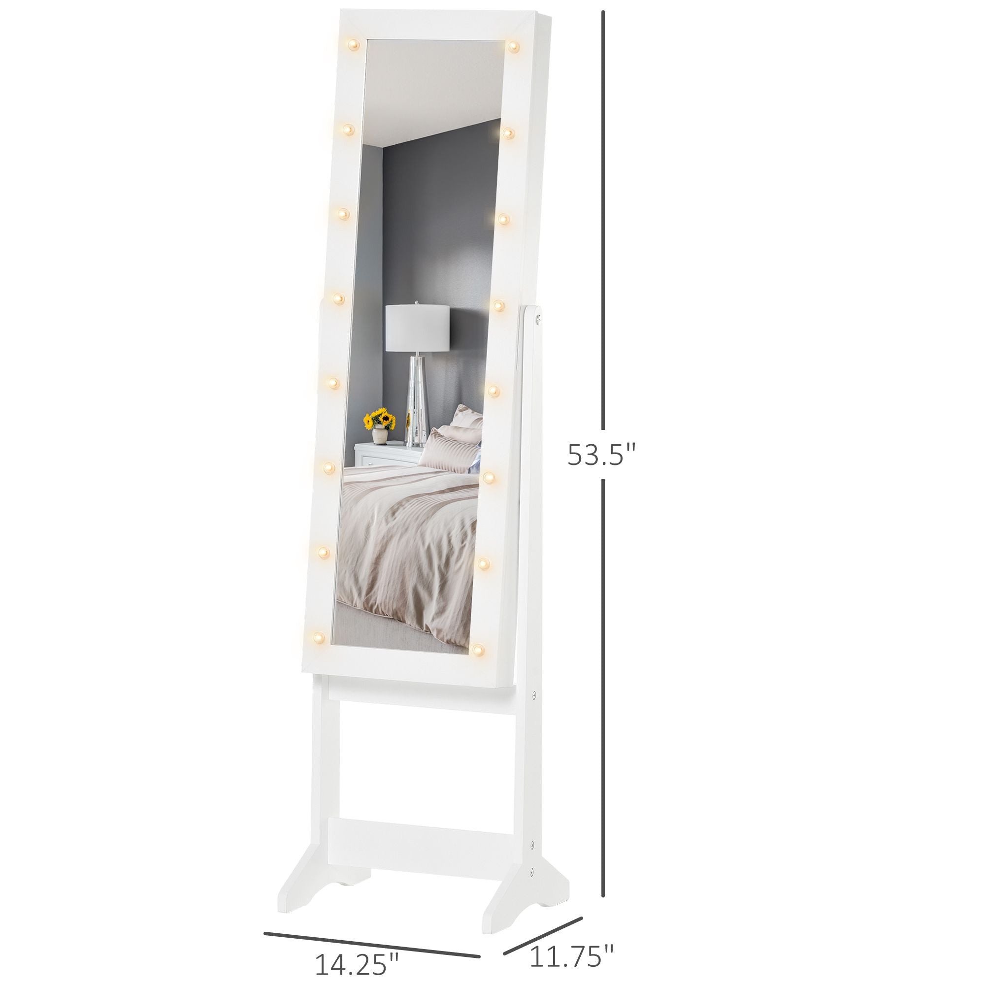 Lighted Jewelry Cabinet Mirrored Armoire Organizer Free Standing Storage for Necklaces Bracelets Rings Earrings Adjustable
