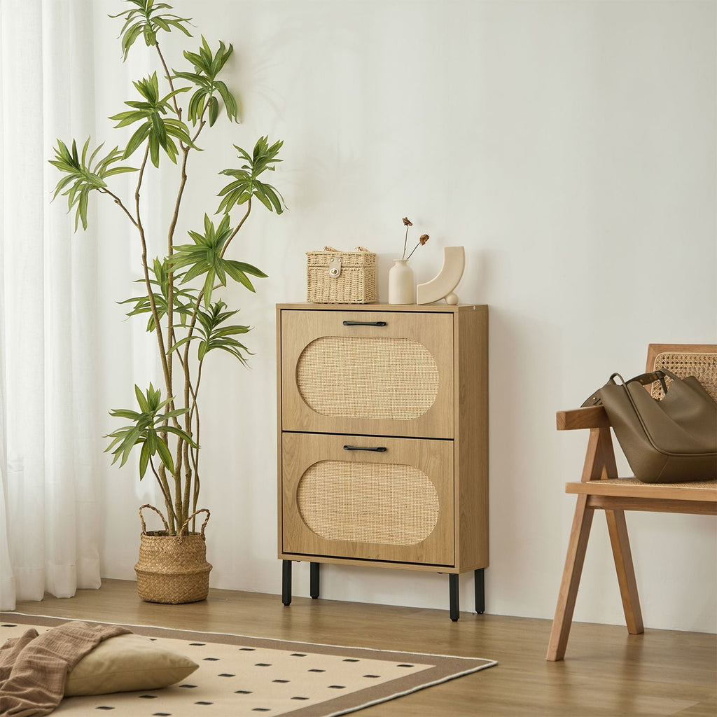 Rattan Shoe Cabinet with 2 Flip Doors, Narrow Freestanding Shoe Organizer, Modern Narrow Shoe Storage Cabinet with Metal Legs for Entryway, Hallway, Closet (Natural)