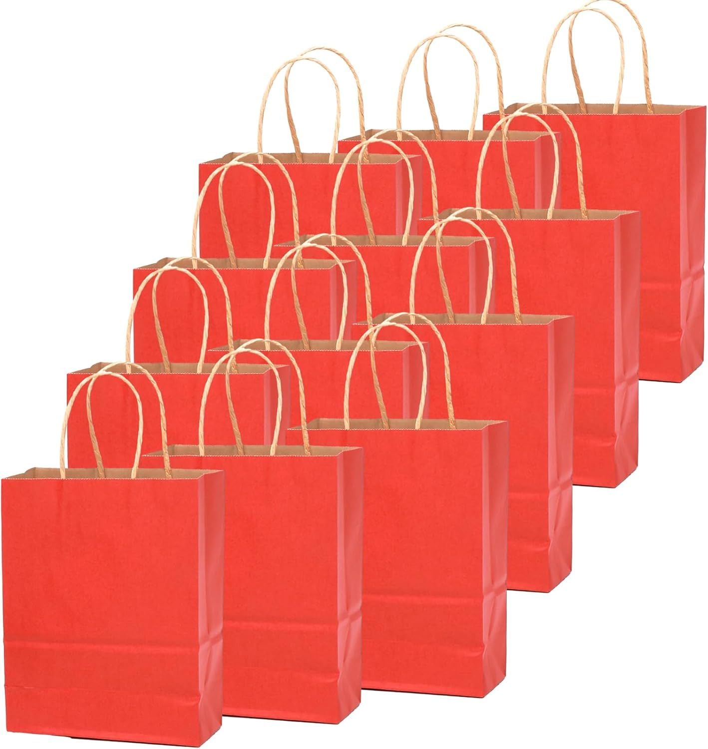 100PCS Gift Bag with Handles Bulk Kraft Red Paper Bags Multiple Uses (8.3"x3"x6"inch Small Size)