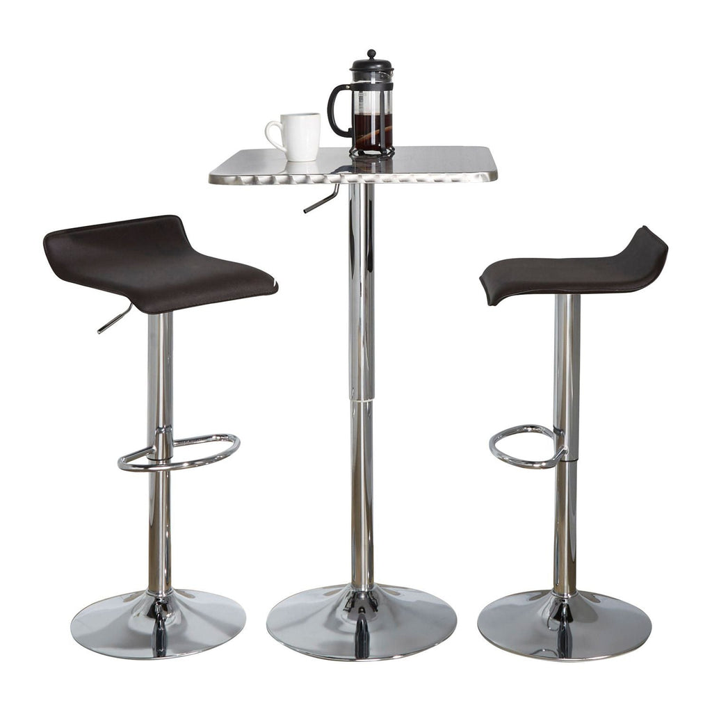 Bistro Square-Ale Contemporary Adjustable Bar Set in Silver and Chrome Metal with Brown PVC and Oval Footrest by - 3 Piece