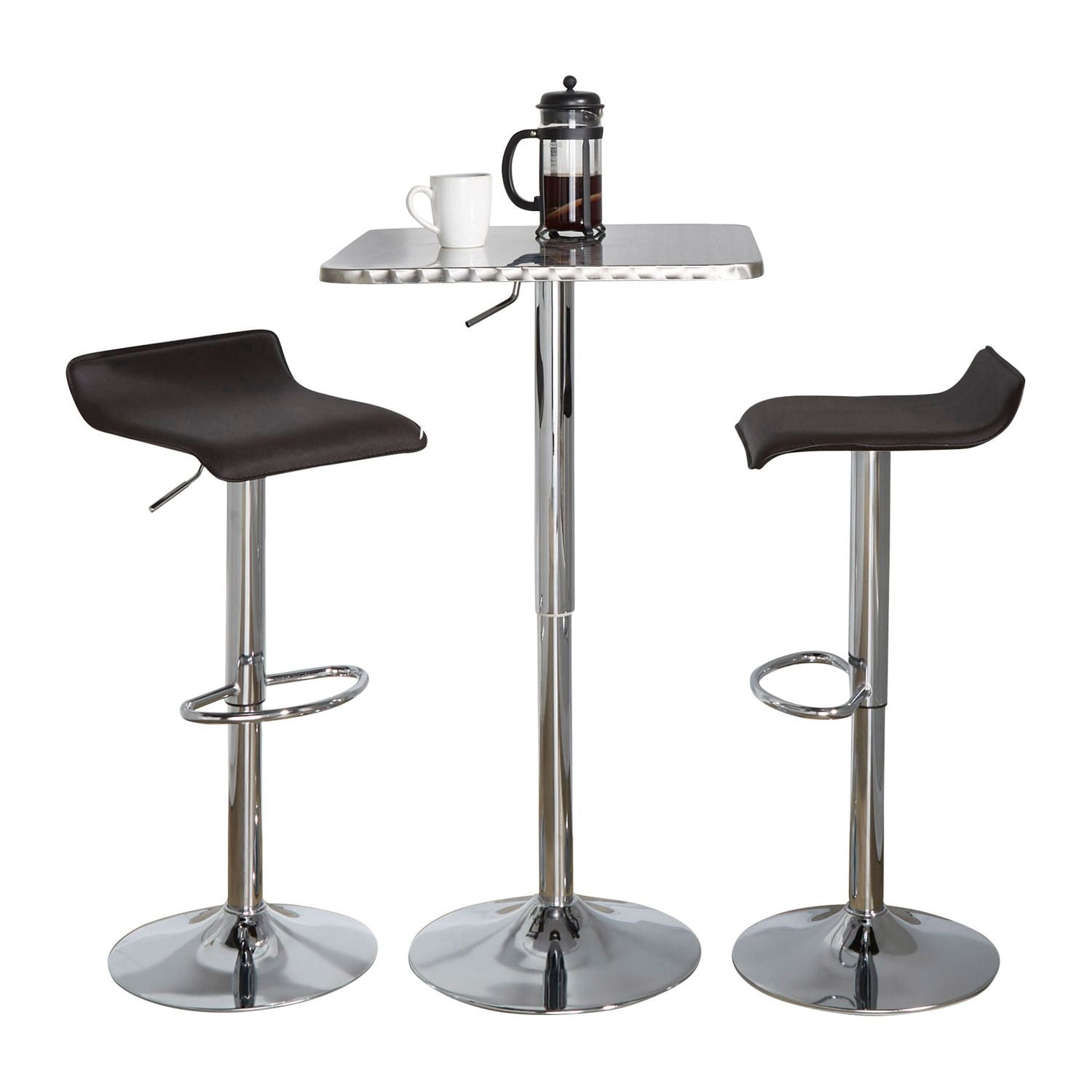 Bistro Square-Ale Contemporary Adjustable Bar Set in Silver and Chrome Metal with Brown PVC and Oval Footrest by - 3 Piece