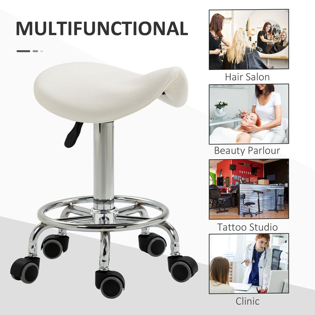 Saddle Stool PU Leather Adjustable Rolling Salon Chair White for Massage Spa Clinic Beauty Tattoo