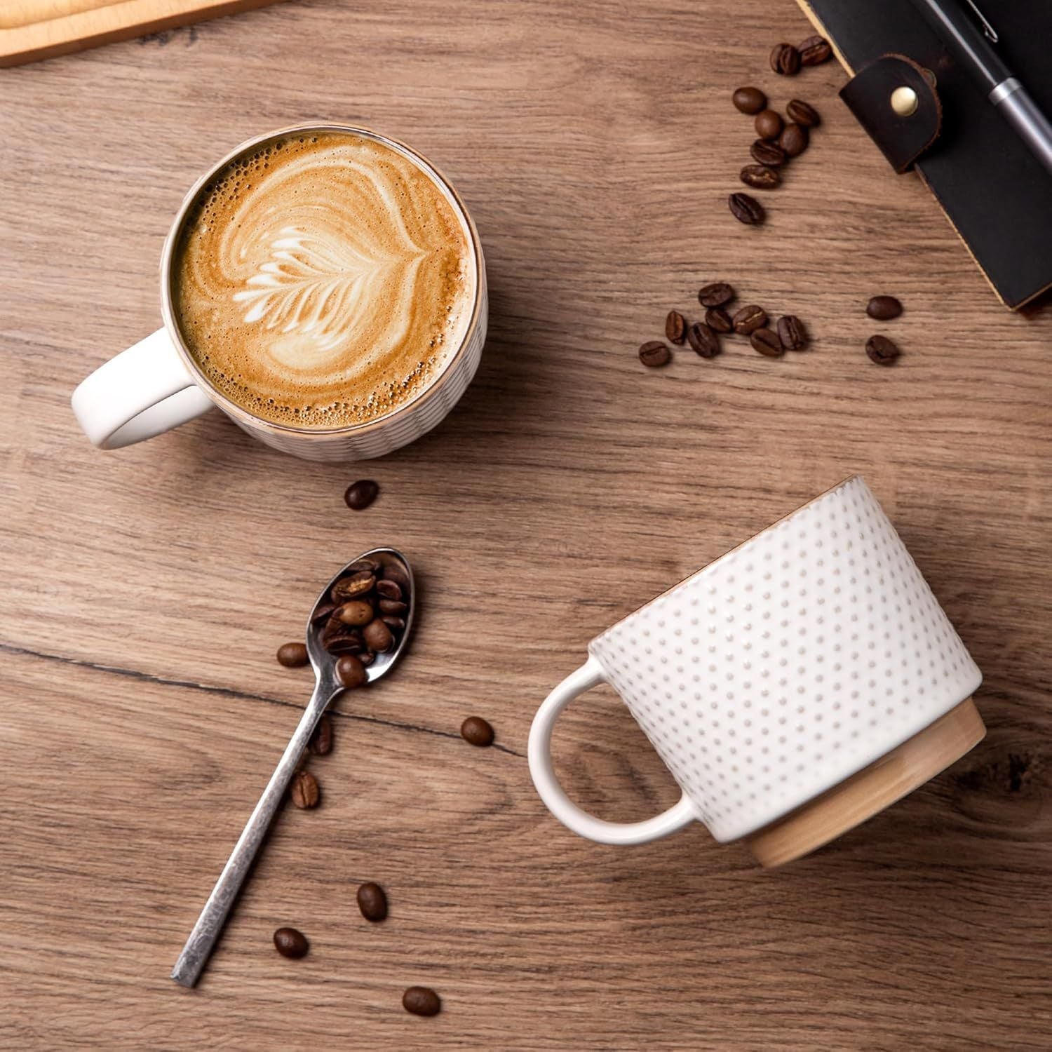 12OZ Stackable Coffee Mugs, Ceramic Coffee Mugs with Texture Patterns for Man,Woman,Dad,Mom, Modern Coffee Mugs Set of 4 for Latte/Cappuccino/Cocoa. Dishwasher&Microwave Safe, Off White