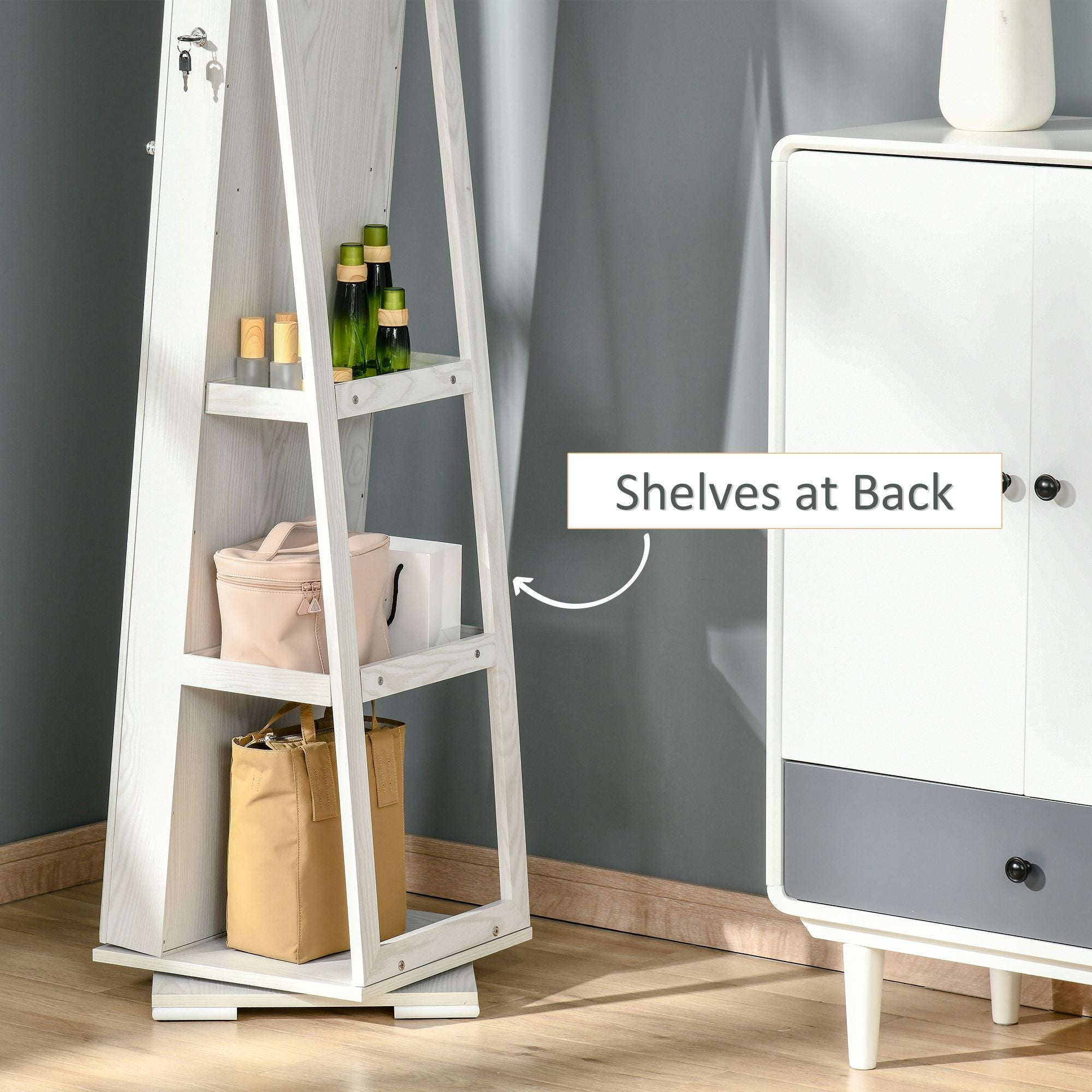 360 Swivel Jewelry Cabinet with Full Length Mirror Lockable Organizer White