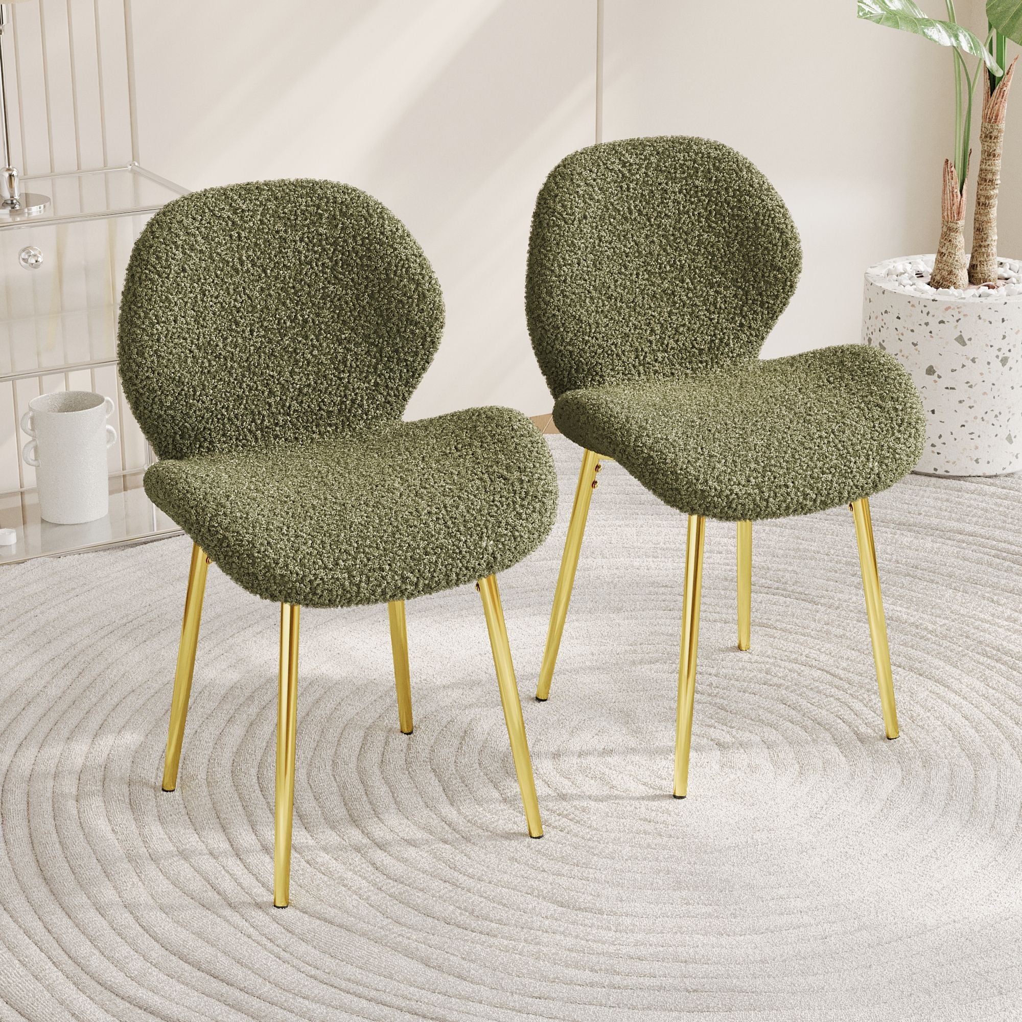 Modern minimalist white teddy velvet Dining Chairs Set of 2 with sturdy gold metal legs and comfortable backrest design, suitable for restaurants, kitchens, and offices.
