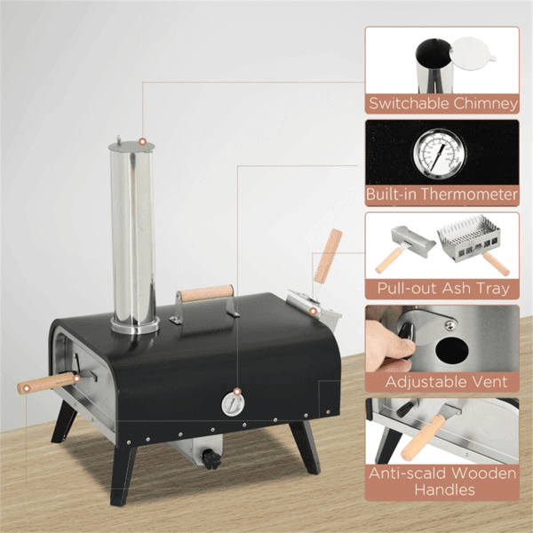 12-inch Automatic Rotating Pizza Oven with Built-in Thermometer-Portable Wood-Fired Pizza Oven, Outdoor Kitchen Authentic Stone-Baked Pizza, Independent Carbon Grill, Wheel-equipped Pizza