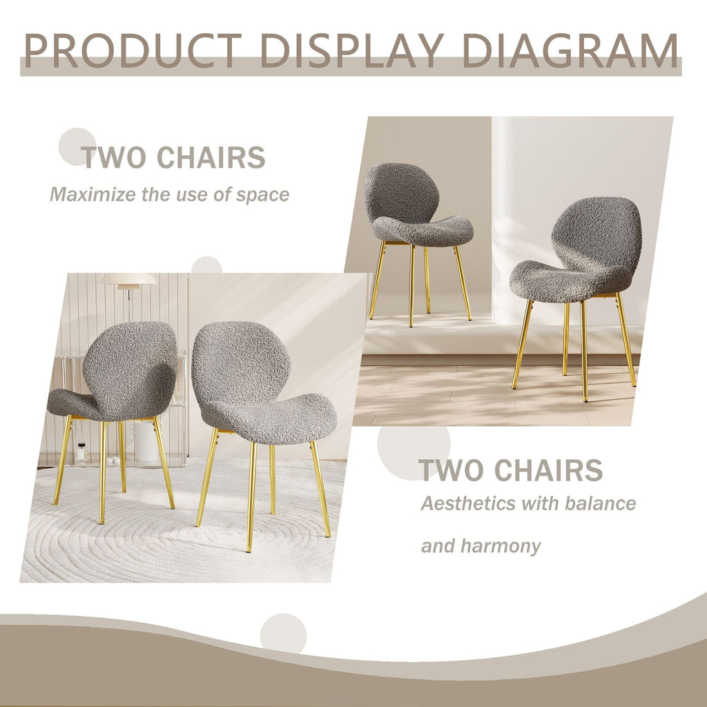 Modern minimalist white teddy velvet Dining Chairs Set of 2 with sturdy gold metal legs and comfortable backrest design, suitable for restaurants, kitchens, and offices.