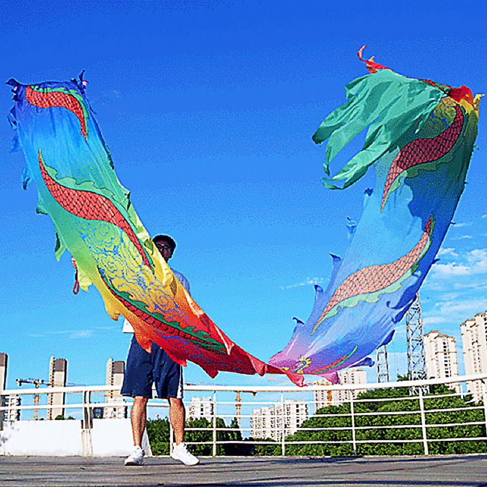 19.6ft Washable Silk-like Dragon Poi for Kids & Adults, 6 meters of Outdoor Flinging Fitness Dance with 3D Rainbow Color Dragon Ribbon Streamer Set