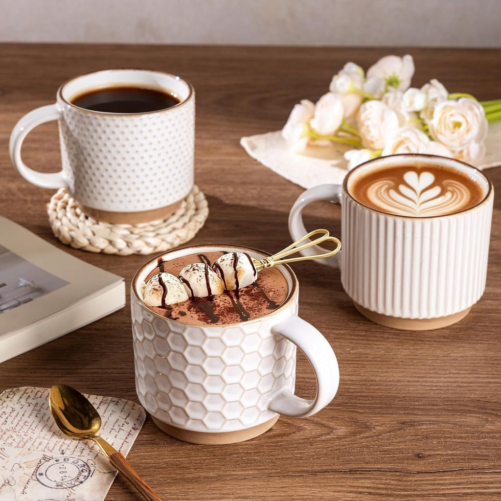 12OZ Stackable Coffee Mugs, Ceramic Coffee Mugs with Texture Patterns for Man,Woman,Dad,Mom, Modern Coffee Mugs Set of 4 for Latte/Cappuccino/Cocoa. Dishwasher&Microwave Safe, Off White
