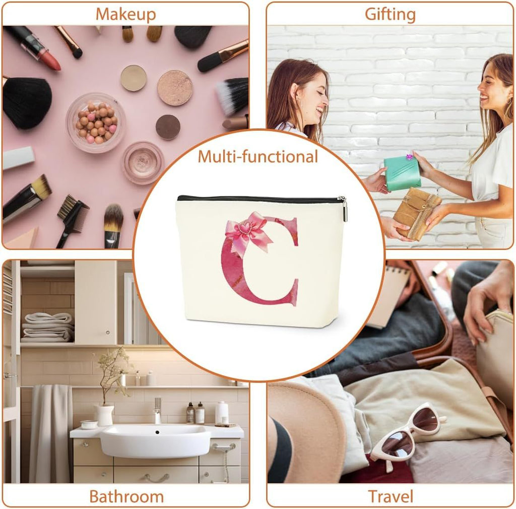 Personalized Initial Makeup Bag, Monogram Bow Travel Toiletry Make Up Bags Cute Preppy Cosmetic Bag Pouch Makeup Organizer Mothers Day Wedding Birthday Gifts for Women Nurse Sister Girls Pink C