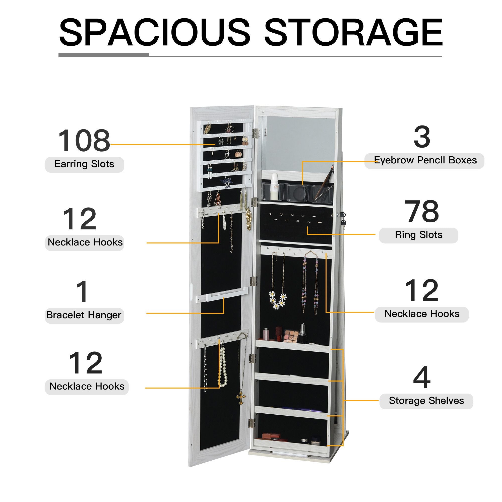 Lockable Jewelry Cabinet Standing Armoire Full Length Mirror LED Lights White Jewelry Organizer