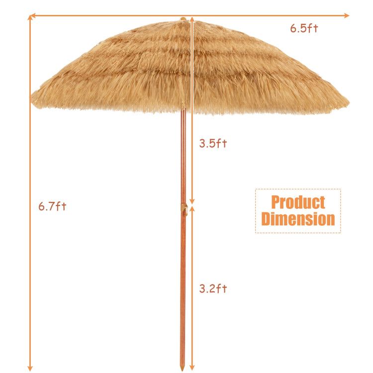 6.5 Feet Portable Thatched Tiki Beach Umbrella with Adjustable Tilt