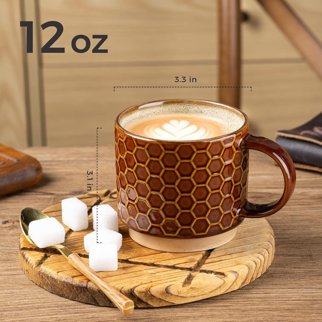 12 OZ Stackable Coffee Mugs, Ceramic Coffee Cups with Texture Patterns for Man,Woman,Dad,Mom, Modern Mugs Set of 4 for Latte/Cappuccino/Cocoa. Dishwasher&Microwave Safe