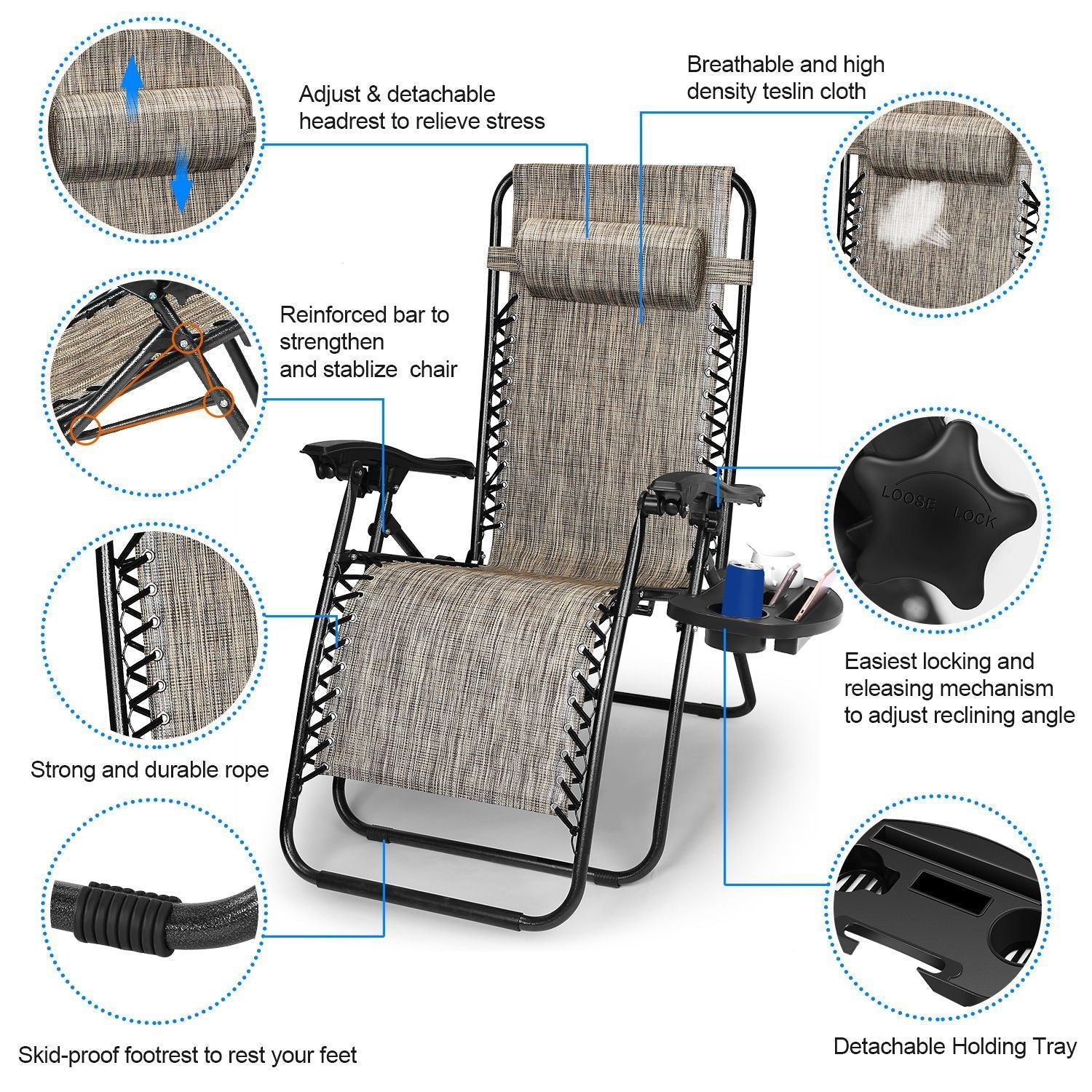 2Packs Zero Gravity Lounge Chair with Dual Side Tray 330lbs Load Foldable Recliner Chair