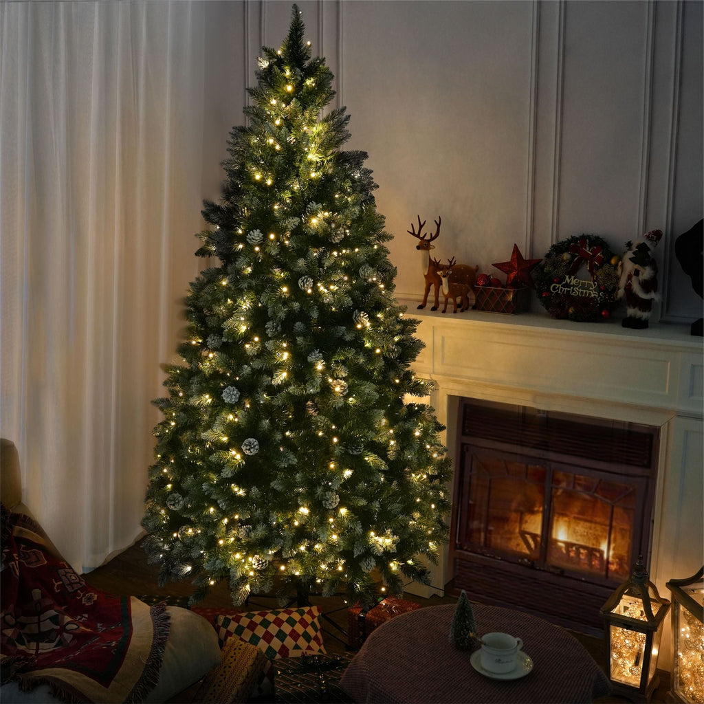 6FT Snow-Frosted Christmas Tree with Pine Cones and 400 Warm White LED Lights