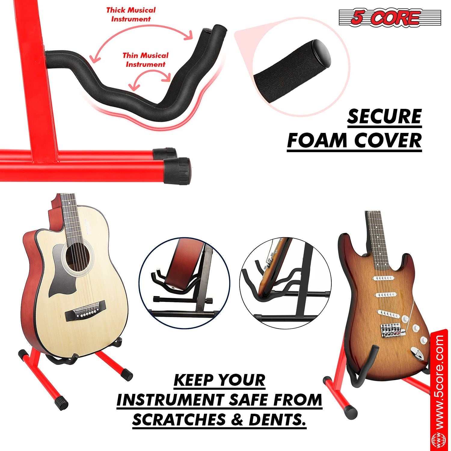 5 CORE Double Guitar Stand Floor Adjustable Heavy Duty A Frame Universal Folding Acoustic Electric Bass Mandolin Banjo Violin Holder Stands For On Stage Studio - GSS RED