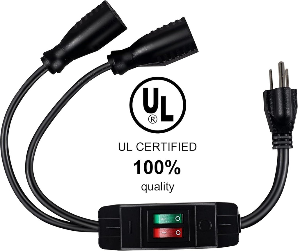 2 Way Extension Cord with On/Off Switch, 3 Prong Outdoor Extension Cord Splitter, Heavy Duty SJTW 14AWG 15A/125V and 18AWG 10A/125V Power Cord (1.6 Ft, Black)