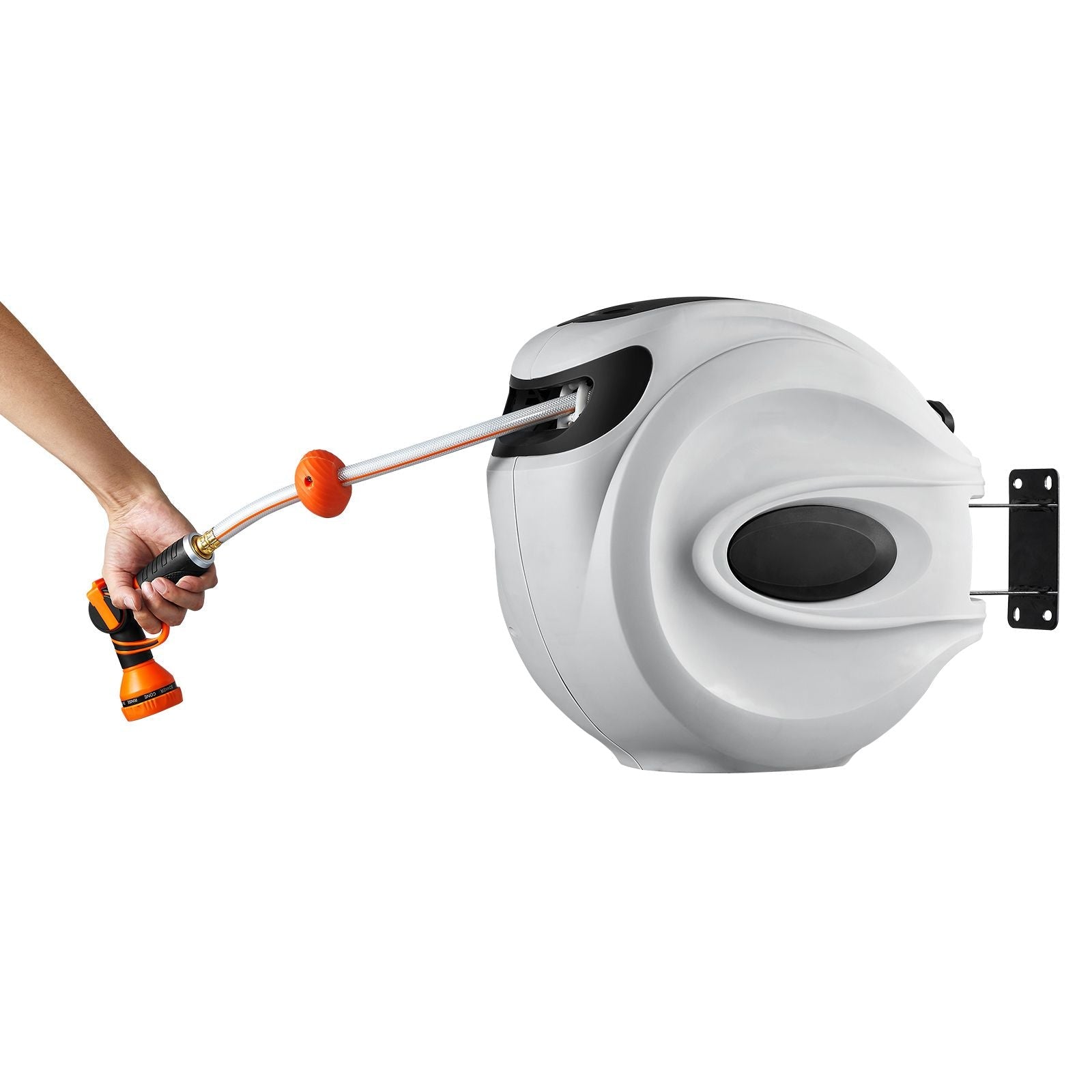 Retractable Hose Reel, 130 ft x 1/2 inch, 180° Swivel Bracket Wall-Mounted, Garden Water Hose Reel with 9-Pattern Nozzle, Automatic Rewind, Lock at Any Length, and Slow Return System