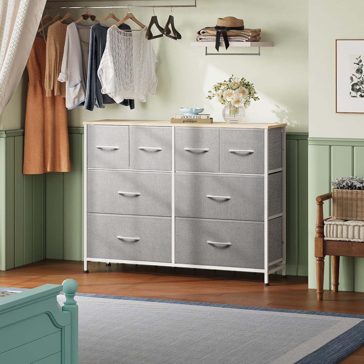 Dresser for Bedroom with 8 Drawers, Wide Fabric Dresser for Storage and Organization, Chest of Drawers, Dressers for Living Room, Closet, Hallway, Dark Grey
