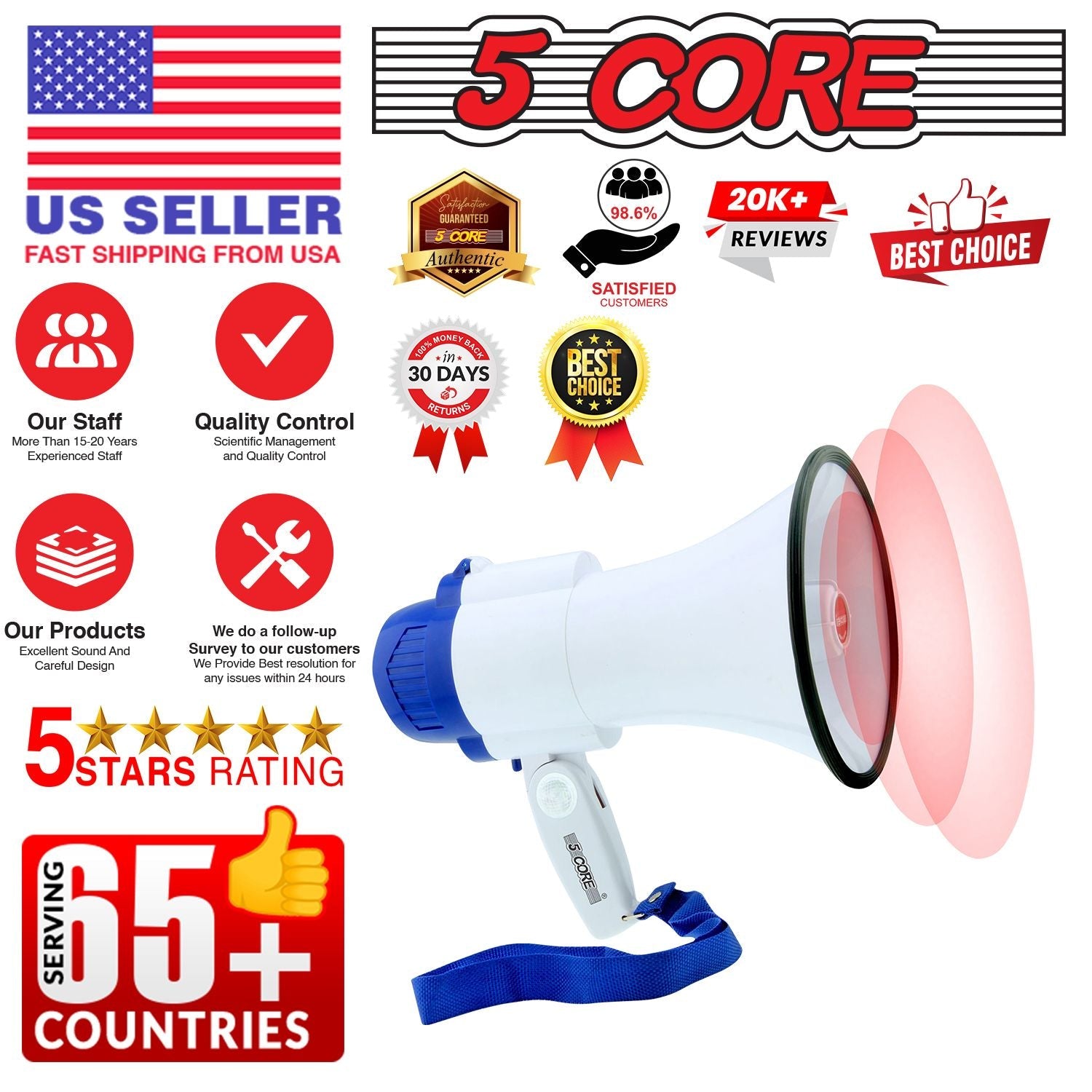 5 Core Megaphone 30W Bull Horn PA Speaker w 800 Yards Range USB Loud Siren Voice Amplifier Portable
