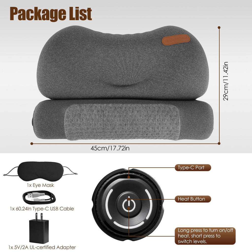 USB Heated Neck Pillow Zero Pressure Memory Foam Cervical Neck Pillow Heated Bed Pillow with Eye Mask Adapter for Pain Relief