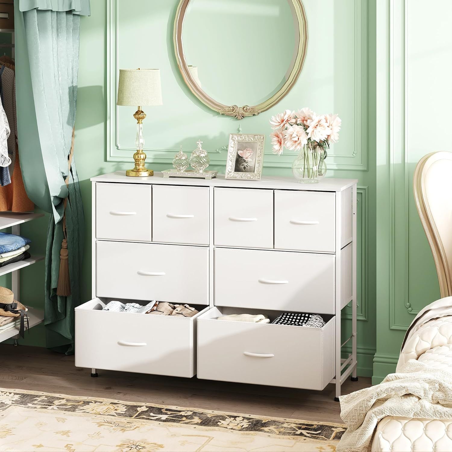Dresser for Bedroom with 8 Drawers, Wide Fabric Dresser for Storage and Organization, Chest of Drawers, Dressers for Living Room, Closet, Hallway, Dark Grey