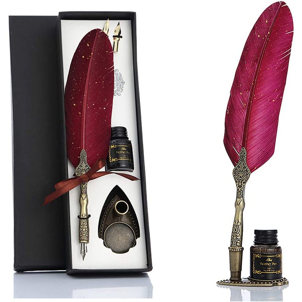 Feather Pen And Ink Set, Glittering Quill Pen Set Antique Calligraphy Dip Pen With Ink, 2 Replacement Nibs, Pen Stand Base, Luxury Vintage Signature Pen