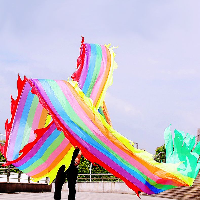 19.6ft Washable Silk-like Dragon Poi for Kids & Adults, 6 meters of Outdoor Flinging Fitness Dance with 3D Rainbow Color Dragon Ribbon Streamer Set