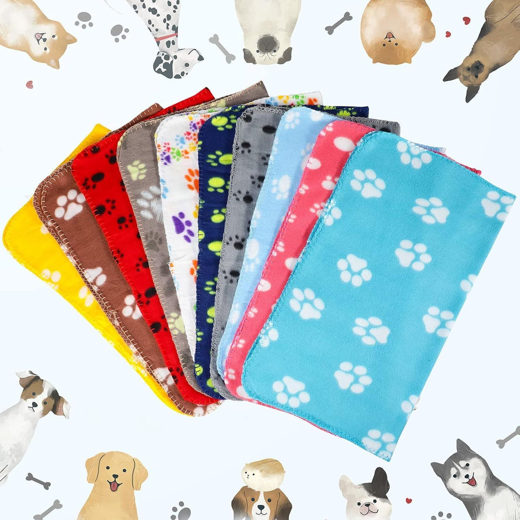 10 Pieces Pet Blankets with Paw Print Dog Cat Fleece Blankets Soft Warm Sleep Mat Pad Bed Cover for Kitten Puppy and Other Small Animals, 24 x 28 Inch