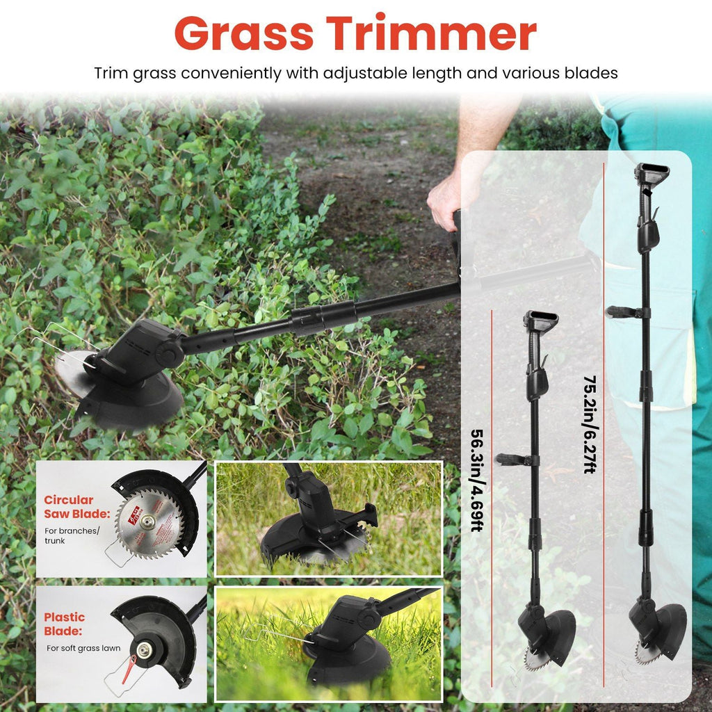 3-in-1 Cordless Electric Pole Saw & Mini Chainsaw & Grass Trimmer Kit with Adjustable Length 2Pcs 21V 1500mAh Batteries 4in/6in Chains Saw Blade 5Pcs Plastic Blades