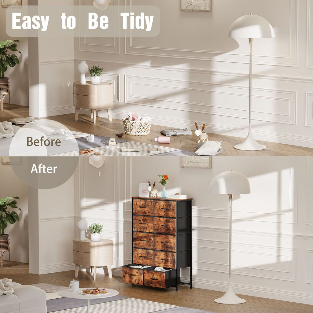 Bedside Table For Bedroom With 10 Fabric Drawers Storage Cabinet Steel Frame Closet For Clothes Storage Display Cabinet