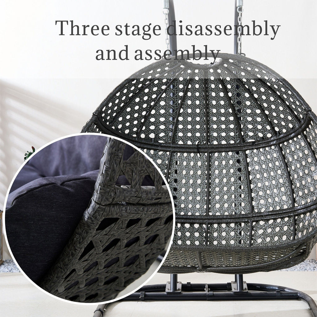 Double Wicker Swing Egg Chair,  All-Weather Rattan Hanging Hammock Chair for Home Bedroom Patio Balcony,Black&Grey