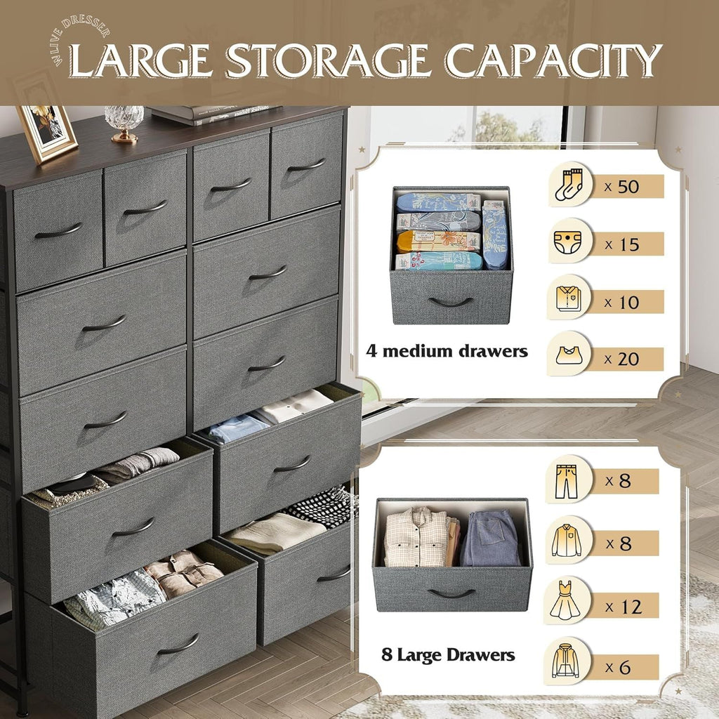Tall Dresser for Bedroom with 12 Drawers, Dressers & Chests of Drawers, Fabric Dresser for Closet, Living Room, Storage Dressers with Storage Drawers, Steel Frame, Wood Top