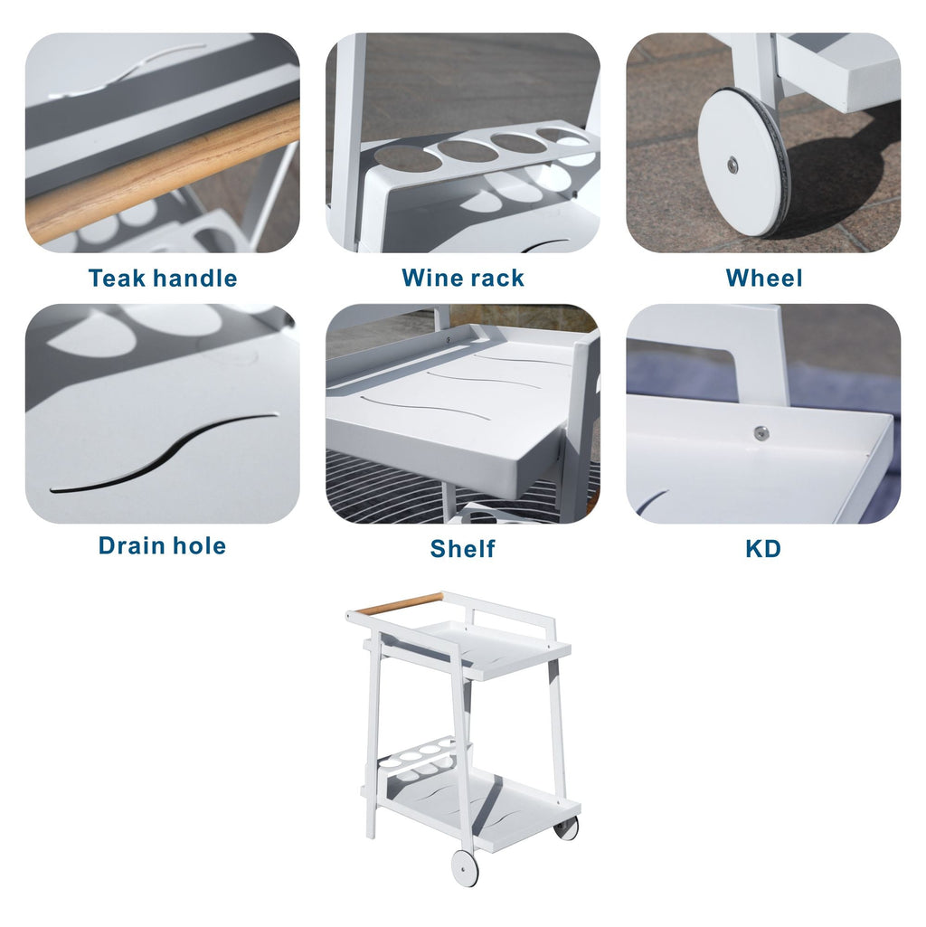 Aluminum White Indoor/Outdoor Patio Serving Dual-layer Cart with Teak Handle
