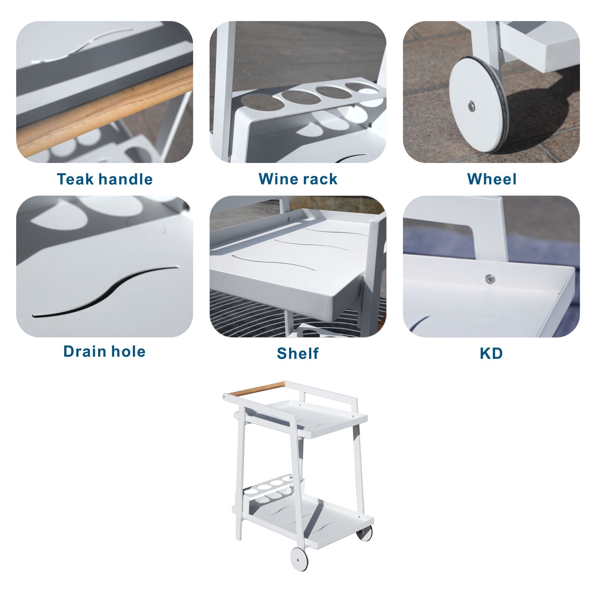 Aluminum White Indoor/Outdoor Patio Serving Dual-layer Cart with Teak Handle