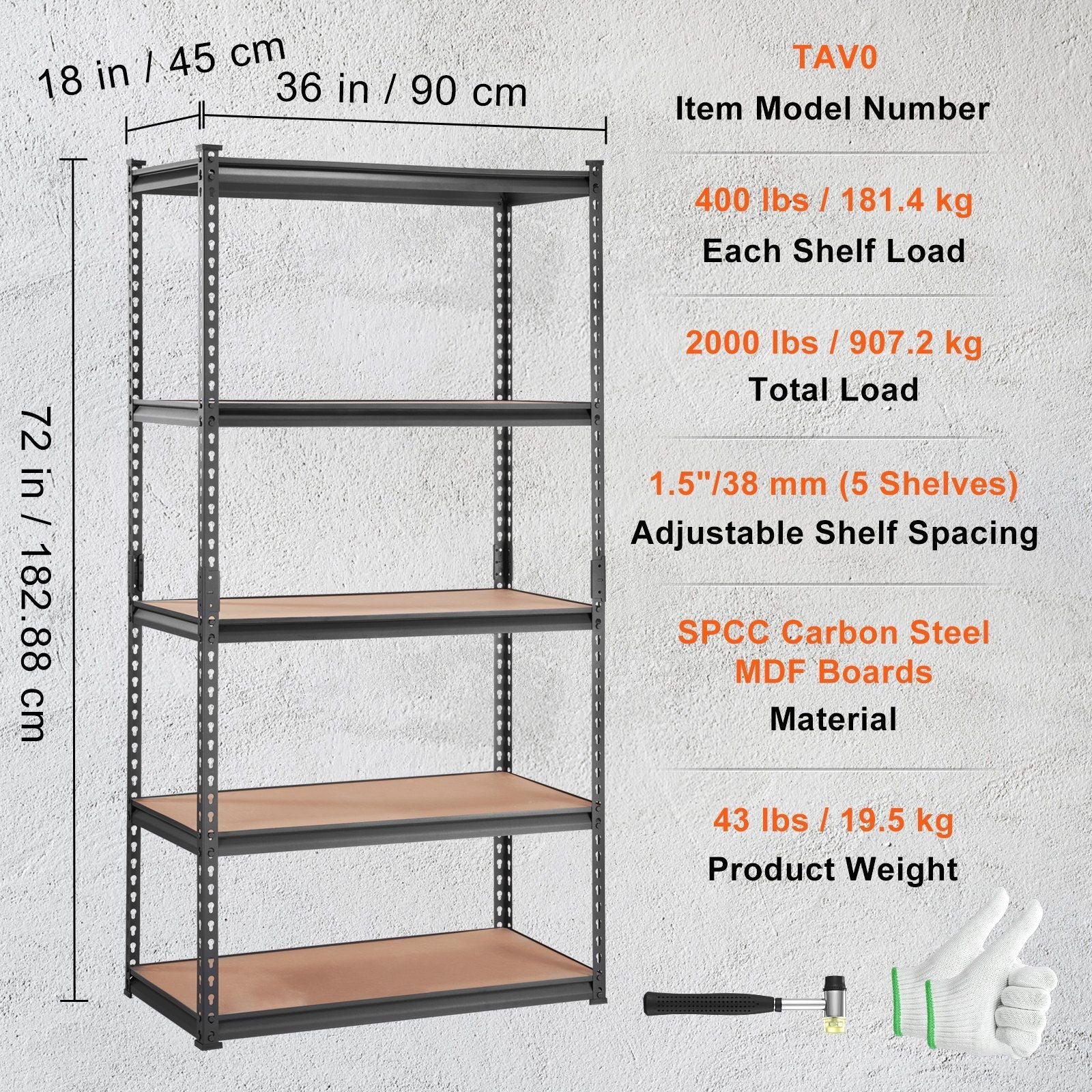VEVOR Storage Shelving Unit, 5-Tier Adjustable, 2000 lbs Capacity, Heavy Duty Garage Shelves Metal Organizer Utility Rack, Black, 36" L x 18" W x 72" H for Kitchen Pantry Basement Bathroom Laundry